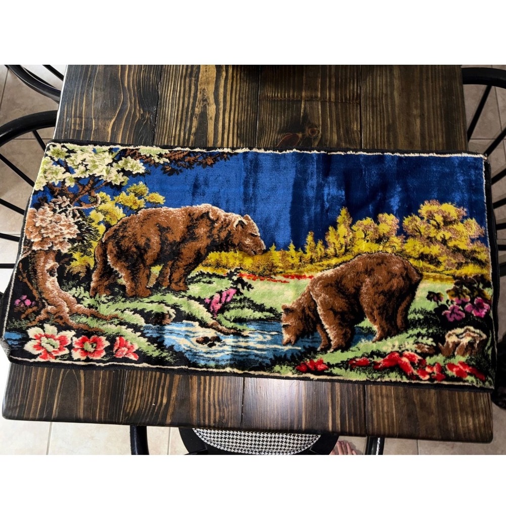 Vintage Velvet Bear Tapestry Wall Hanging Wildlife Forest Scene 39x19